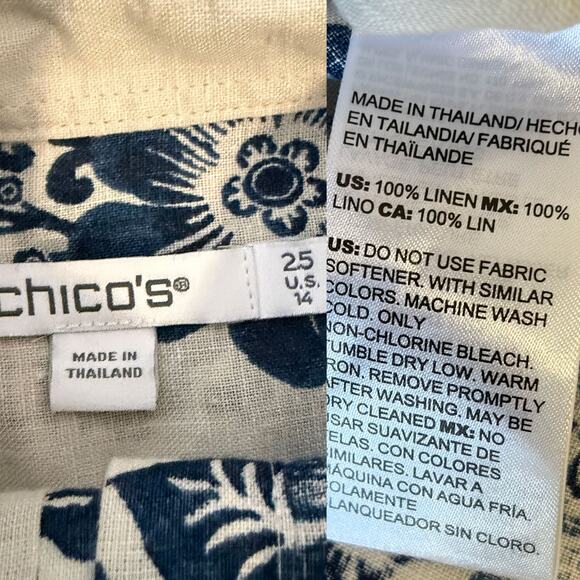 CHICO'S 100% Linen Watercolor Floral Print Button Front Shirt Size 14/L - Picture 12 of 14
